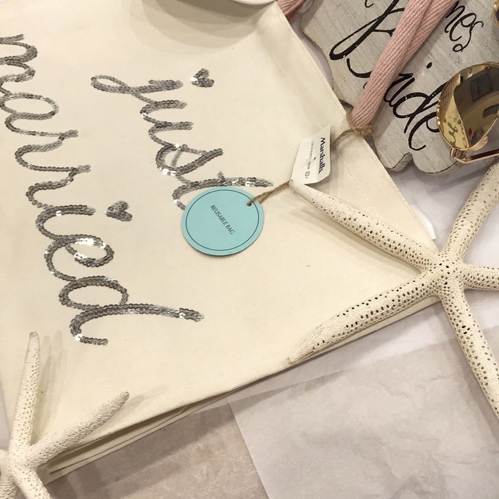 BRIDES “just married” tote for their essentials afterwards. Pink rope handles
